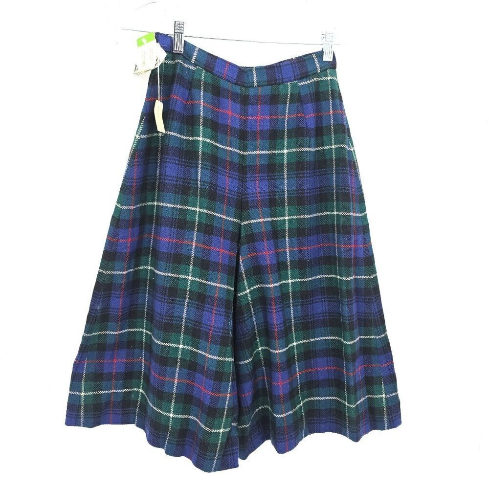 NWT 80s Cordon of Philly Navy Green Plaid Wool Blend MiDi Skort Academia Size 10